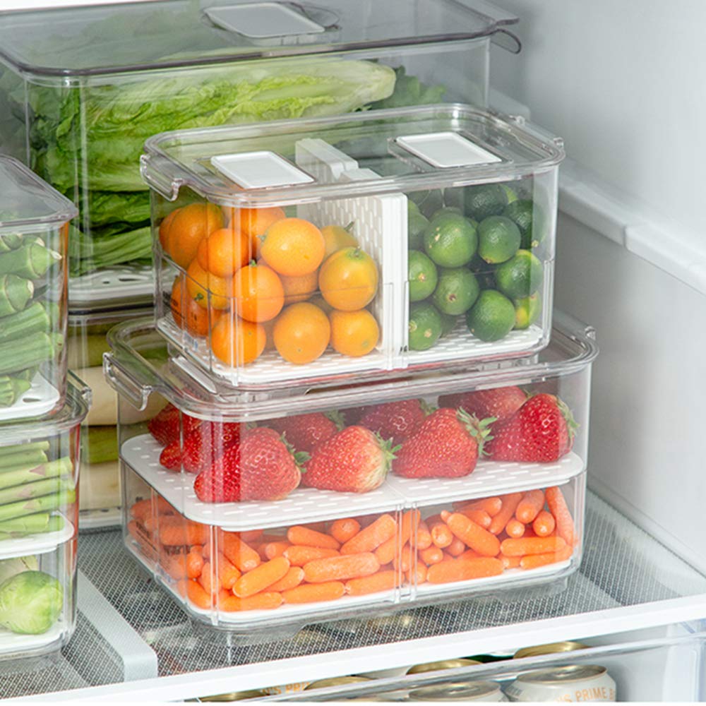 SANNO Fridge Food Storage Containers Produce Saver FreshWorks Produce Food Storage Container Bin Stackable Refrigerator Kitchen Organizer Keeper, with Removable Drain Tray to Keep Fresh