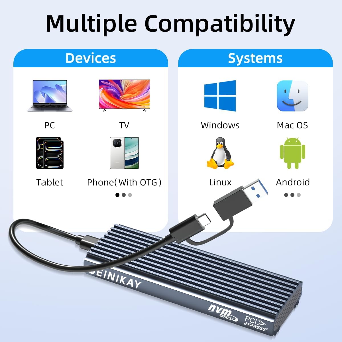 SEINIKAY M.2 3.2 2 (10 10Gbps 16TB NVME Enclosure, Tool-Free USB Gen Gbps) to NVME Adapter with Heat Sink, Speed, Plug