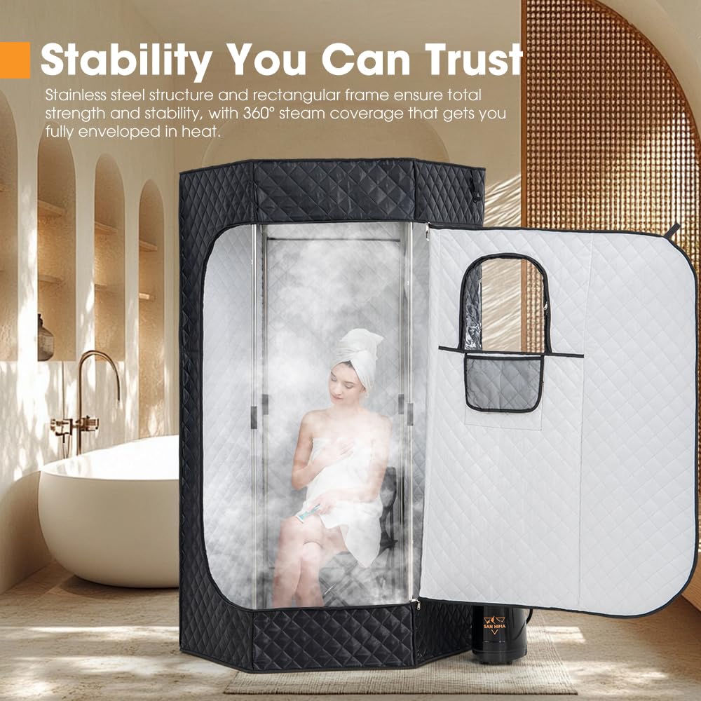 SAN HIMA Portable Sauna for Home, 1 Person Steam Sauna Box with Red Light Therapy, 3L 1500W Steamer, 9 Heat Levels, 90 Minute Timer, Foldable Chair, Remote Control, Indoor Home Spa Sauna Tent