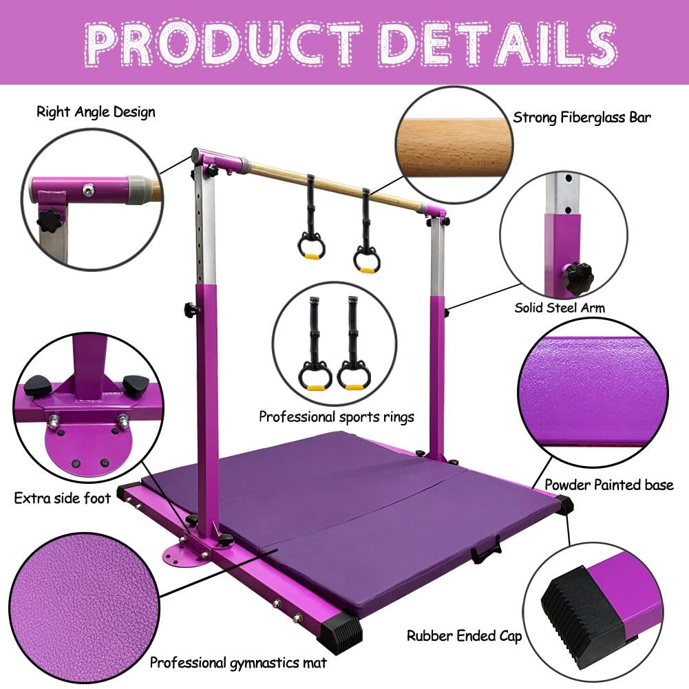 GBVUGY Gymnastics Kip Bar with Mat for Home Indoor Training,Horizontal Bar for Kids Girls Junior,Adjustable Arms from 3' - 5' Gym Equipment,1-4 Levels,300lbs Weight Capacity