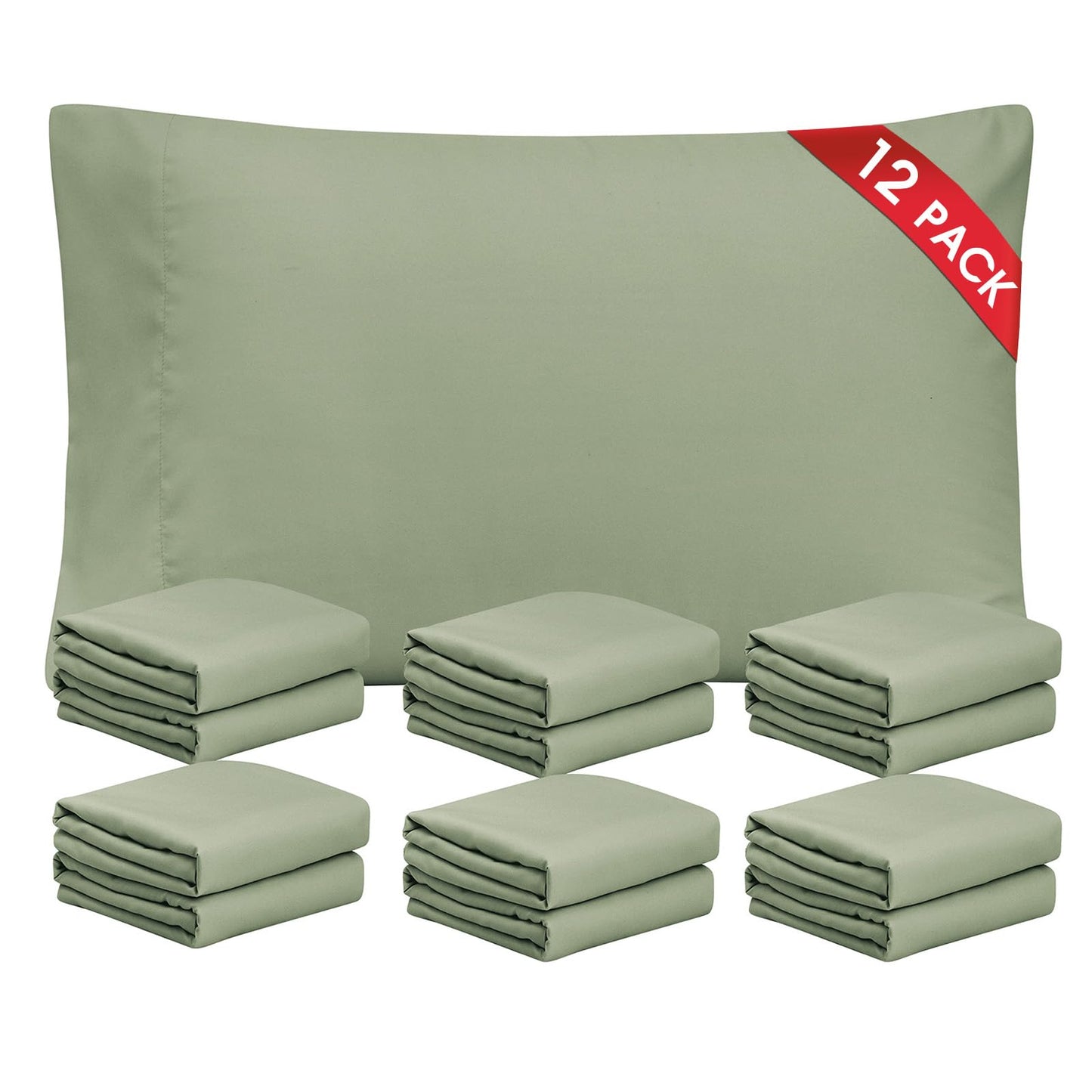 FreshCulture Sage Green Pillowcases Queen Size 12 Pack - Bulk Pillowcase Set - Envelope Closure - Soft Brushed Microfiber Fabric - 20x30 Inches Pillow Case Set of 12 for Home, Hotels, Schools