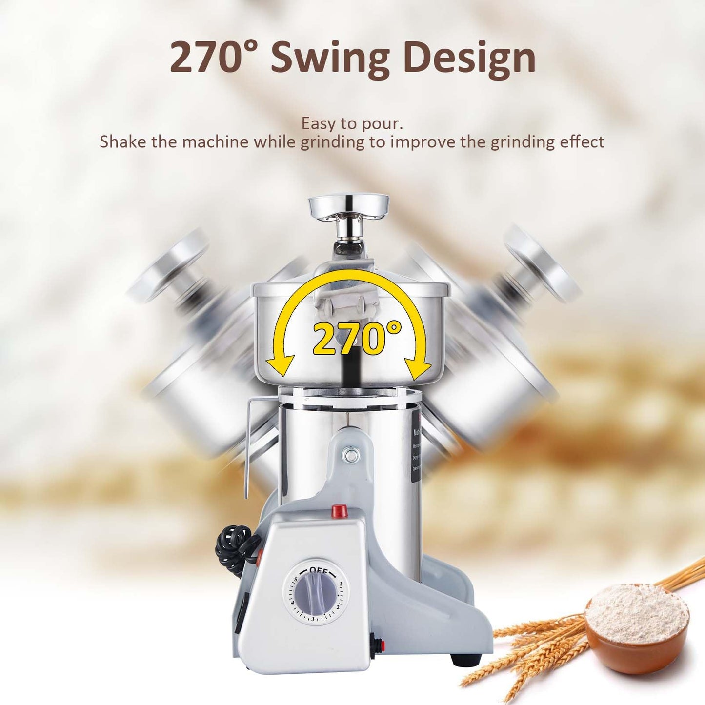 BI-DTOOL Electric Grain Mill Grinder 3600W Dry Material Grinding Machine 2000g Stainless Steel Pulverizer 36000r/min High-speed Grain Mill 270° swingable Superfine powder for Home and Commercial 2000g