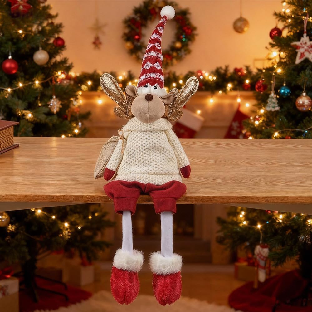 Regine Switzerland Christmas Sitting Reindeer Shelf Sitter Decor - 24 Inch Plush Figurine with Dangling Legs & Weighted Bottom for Holiday Mantel/Tabletop