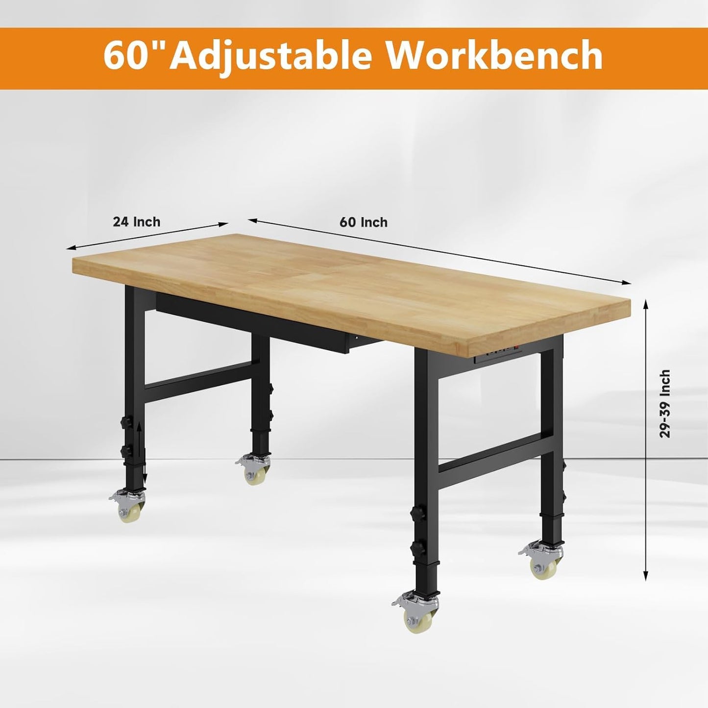 Pelnuies 60" Heavy Duty Work Bench with Wheels, Adjustable Height Workbench with Drawers, 2000 LBS Capacity Work Table with Power Outlets for Garage, Workshop, Office, Home