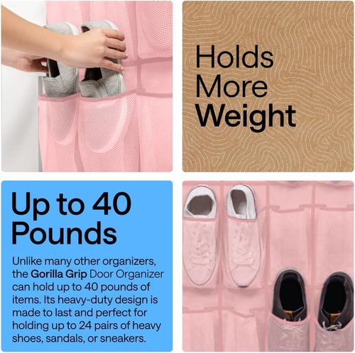 GORILLA GRIP Over The Door Shoe Organizer - 24 Large Breathable Mesh Pockets | Space-Saving Pink Storage Solution
