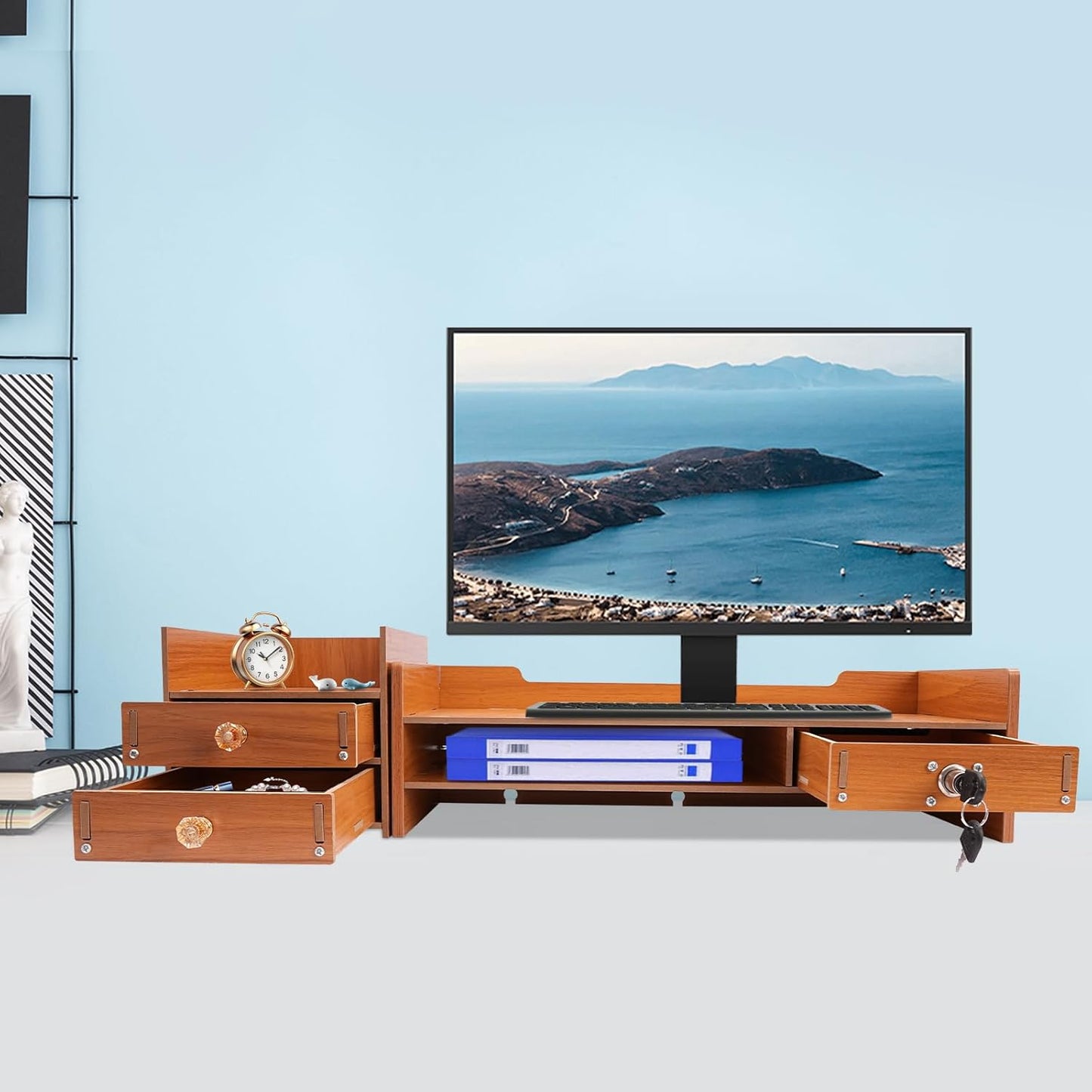 QUSKLISU (01) Computer Monitor Stand, Computer Rack with Drawers, Two top Platforms Desk Organizer Monitor Stand
