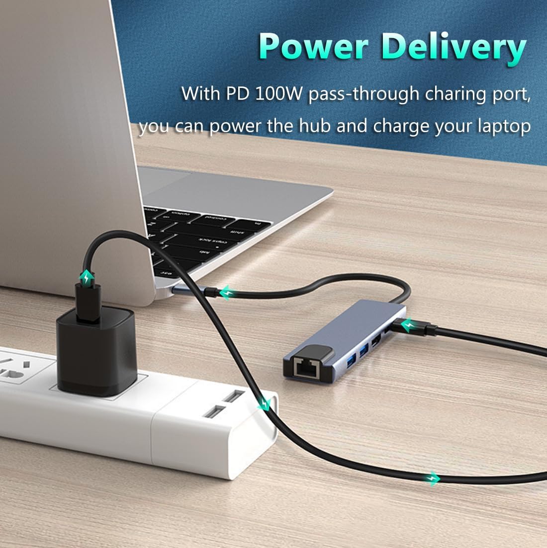 JUEJUEZI 6-in-1 4K RJ45 3.0/2.0, PD100W, USB C Hub, Ethernet Multi Port Adapter with HDMI, Ethernet Port, USB USB C