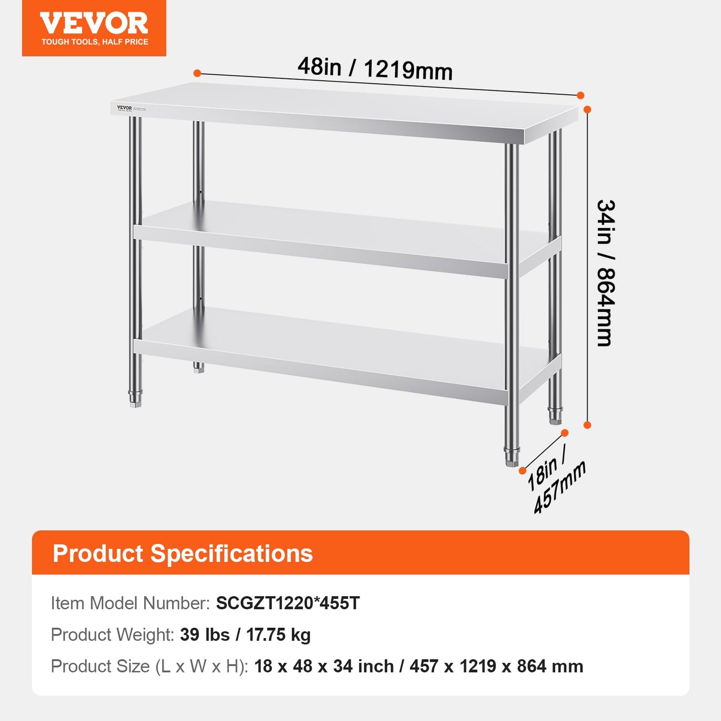 VEVOR Stainless Steel Food Prep Table, 18 x 48 x 34 Inch Commercial Kitchen Worktable, with 2 Adjustable Undershelf, Heavy Duty Prep Tables Metal Work Table for BBQ, Kitchen, Home, and Garage