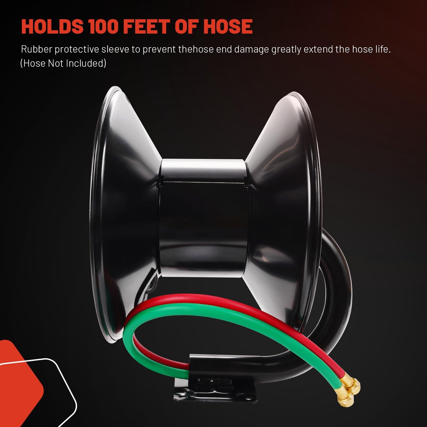 Manual Twin Welding Hose Reel, Holds 100 ft of 3/8" or 1/4" Gas Hose, Heavy-Duty Steel Construction with Universal Mounting Bracket for Wall, Ceiling or Cart