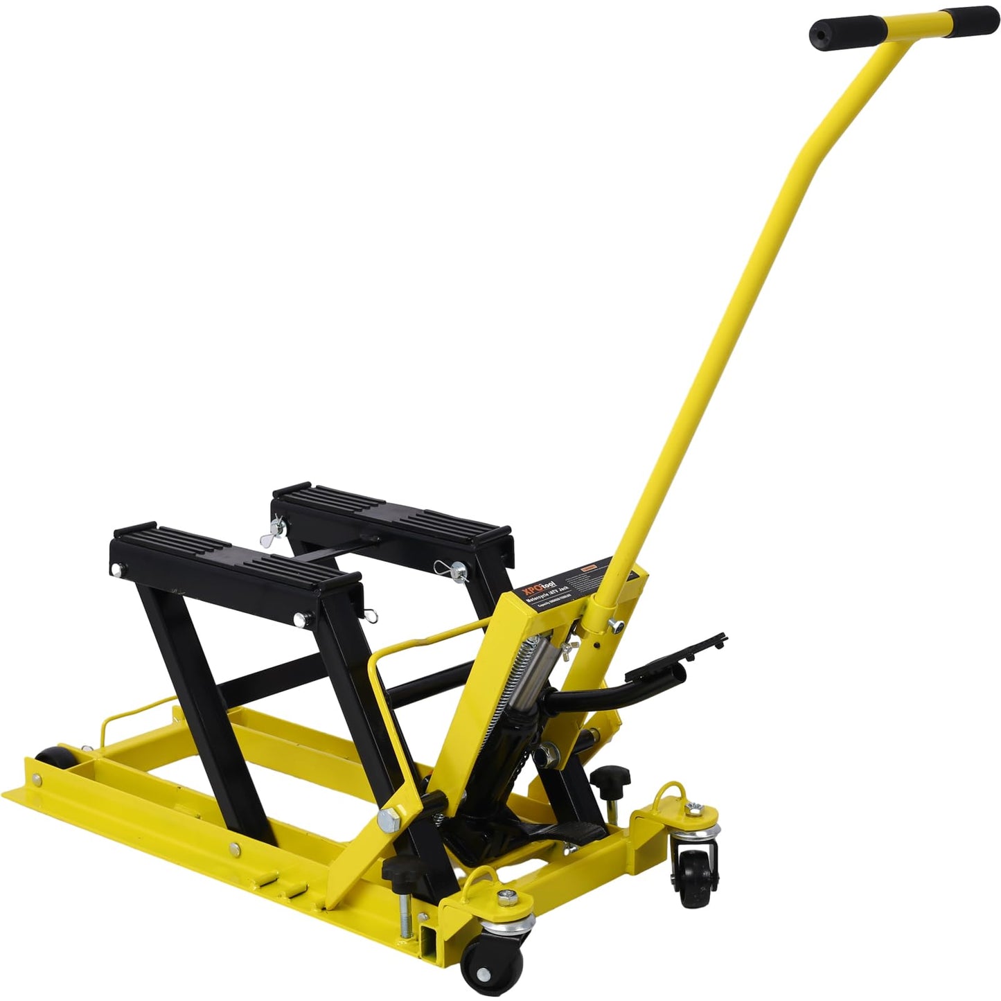 SPOFLYINN Hydraulic Motorcycle Lift Jack Foot-Operated Motorcycle Lift Table with 4 Wheels 1500 LBS Capacity 4.5" - 15" Lifting Range Yellow