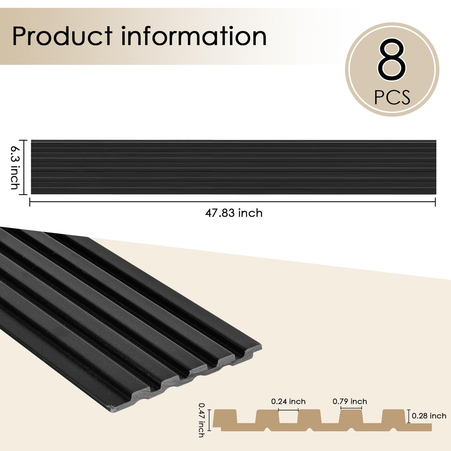 Artbrix 8-Pack 3D Slat Wall Panels — Soundproof Faux Wood Wall Panels for Interior Décor, 47.2" x 6.3", Modern Cladding for Living Room, Bedroom, Office — Black Finish