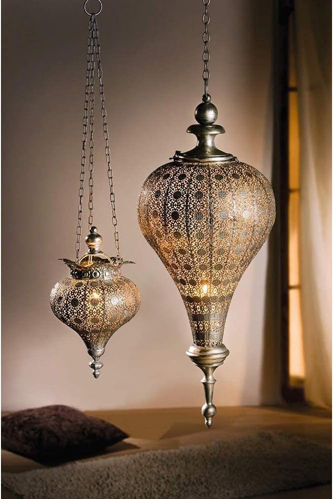 Westcharm Antique Silver Moroccan Lantern - Elegant Metal Hanging Pendant Light for Indoor/Outdoor Use - Small