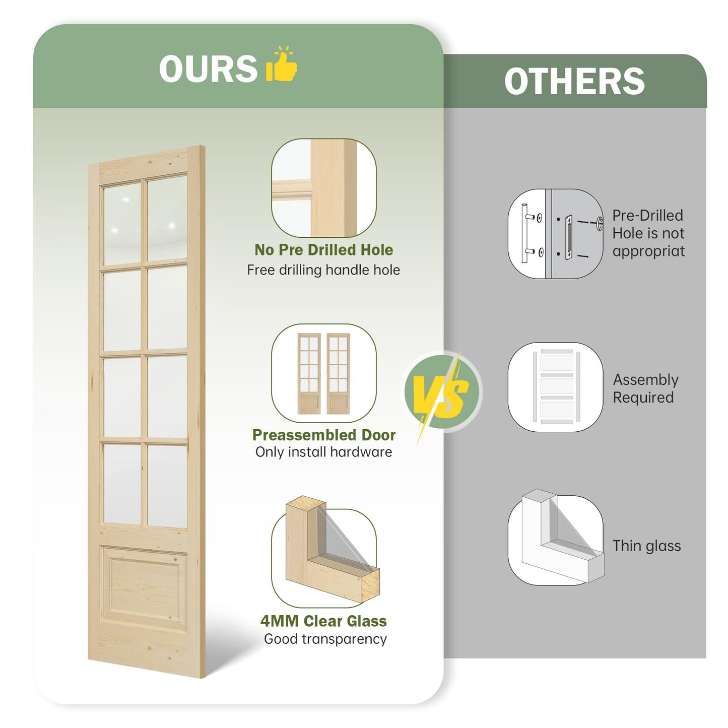 Roymelo Preassembled 30x84 (Double 15x84) Inch Clear Glass French Interior Door with 5.5Ft Barn Door Hardware Kit Included, Spruce Wood Support DIY Dyeing, Easy Assembly，Save time