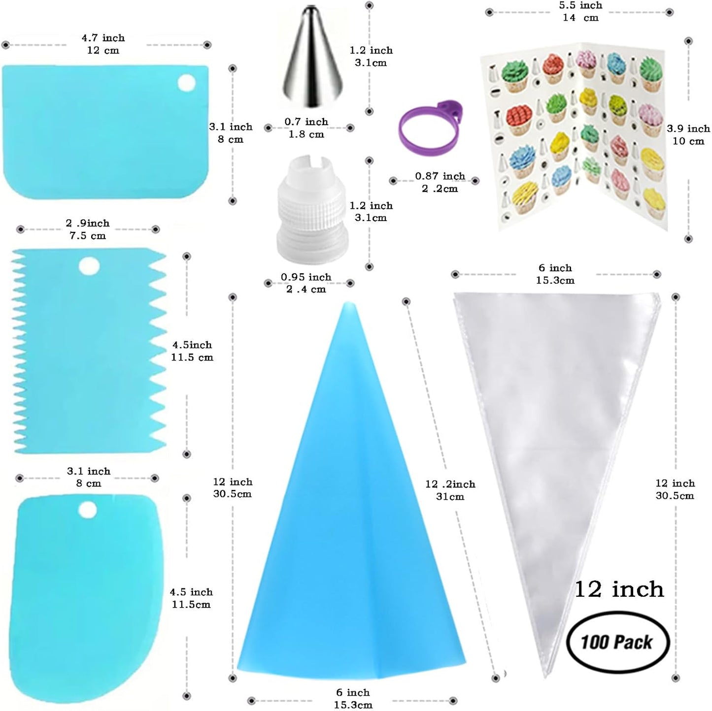 Skiennix Piping Bags and Tips Set - 100PCS 12 Inch Disposable Pastry Bags for Cake Decorating & Frosting