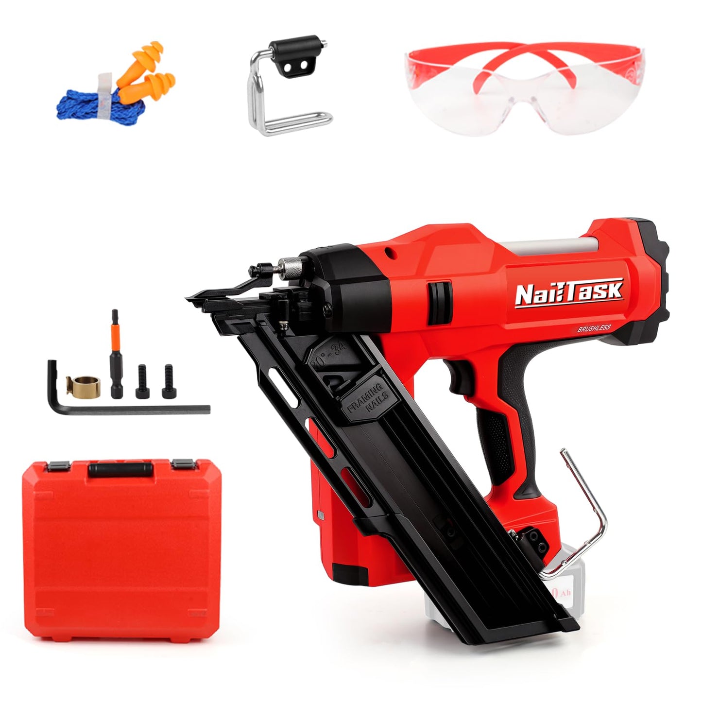 Nailtask 34° Electric Cordless Framing Nail Gun Dual Mode 3 1/2 Inch Pin Nailer Cordless Metal Roofing Set for Construction Furniture Wood Depth Adjust Brushless Motor Power Tools (Without Battery)