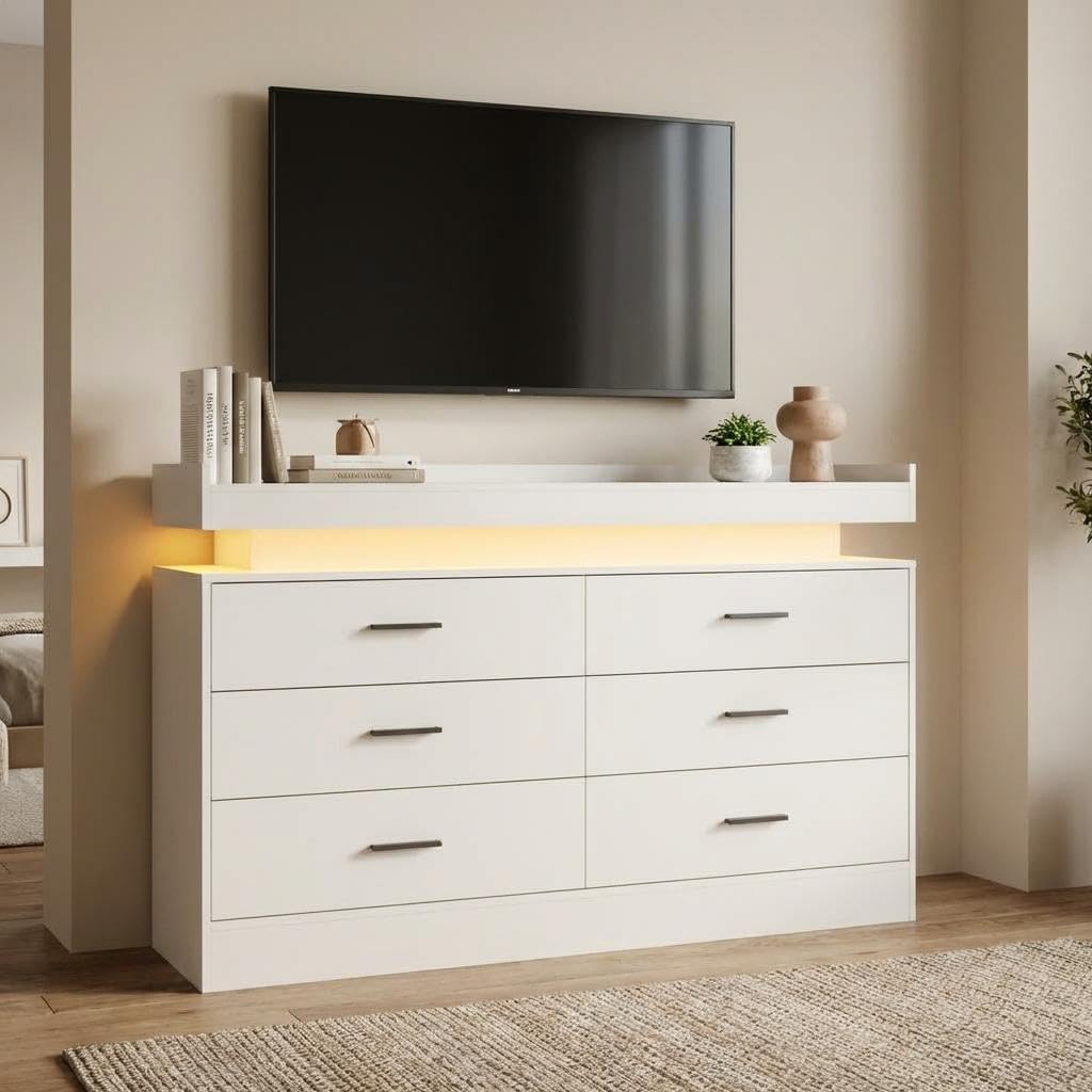 PeacefulHues TV Stand Cabinet with LED Lights & Charging Station, Coffee Bar Cabinet Floating Countertop, Modern Sideboard Buffet 6 Drawers for Home, Living Room, White
