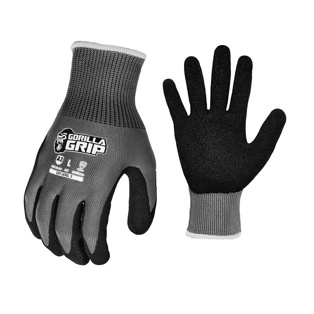 Gorilla Grip A3 Cut Resistant Work Gloves, Touschreen Compatible Safety Gloves, Breathable, Nitrile Coated, Grey - Medium (12 Pack)