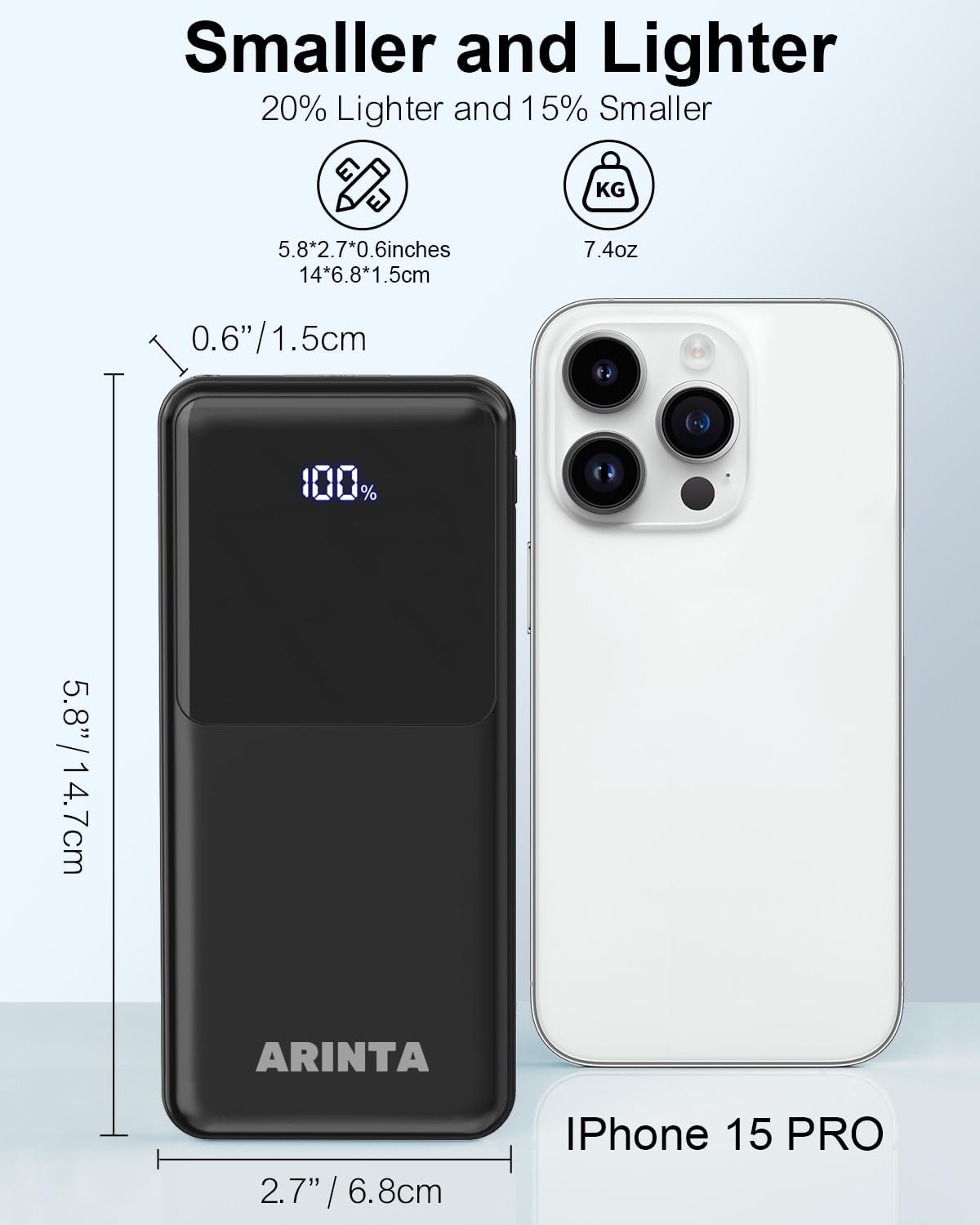ARINTA 10000mAh 22.5W Pack, Power Bank Portable Charger PD Battery LED Display & USB-C in/Out, Travel Essentials