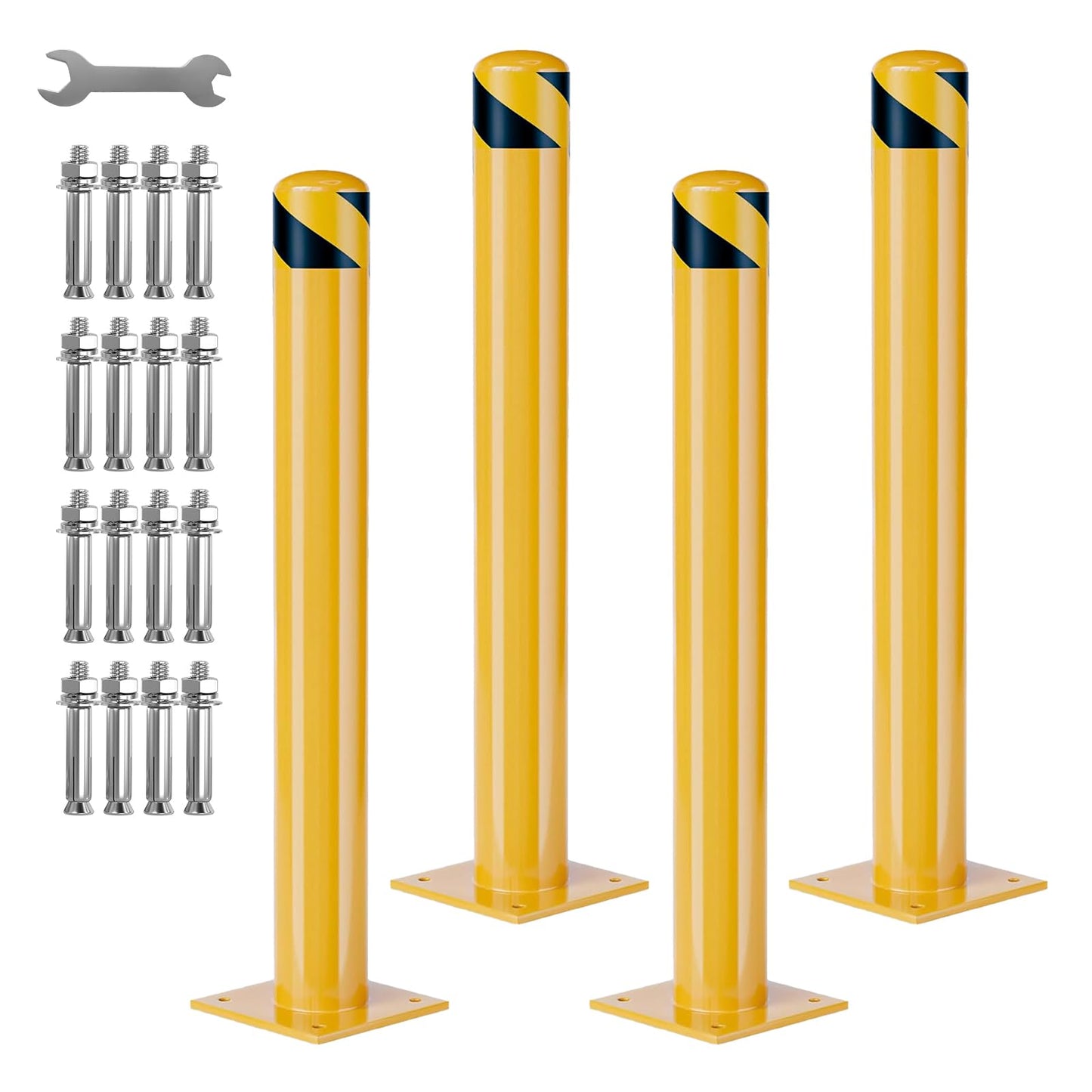 Heavy Duty Steel Safety Bollards 4 Pack, 42 Inch Bollard Posts with Reflective Tape & Anchor Bolts, Removable Parking Bollards for Warehouse, Garage, Parking Lot, Driveway, 4.5 Inch Diameter