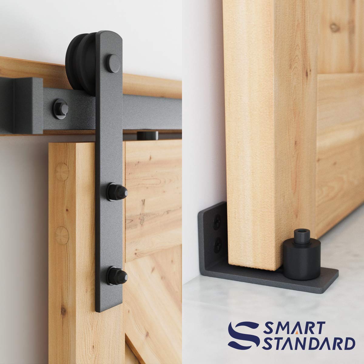 SMARTSTANDARD 6.8 FT Heavy Duty Sturdy Sliding Barn Door Hardware Kit, Black, (Whole Set Includes 1x Pull Handle Set & 1x Floor Guide) Fit 36"-40" Wide Door Panel (I Shape Hanger)