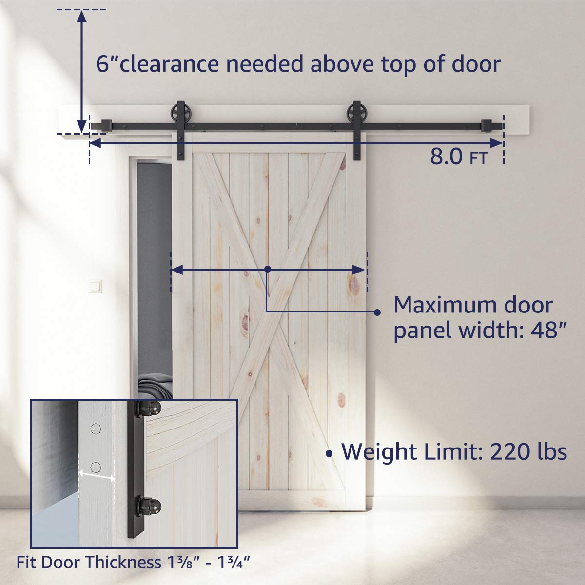 SMARTSTANDARD 8 FT Heavy Duty Sliding Barn Door Hardware Kit, 4FT - 18FT, Black, Smoothly and Quietly, Simple and Easy to Install, Fit 42"- 48" Wide Door Panel (Industrial Bigwheel Hangers)