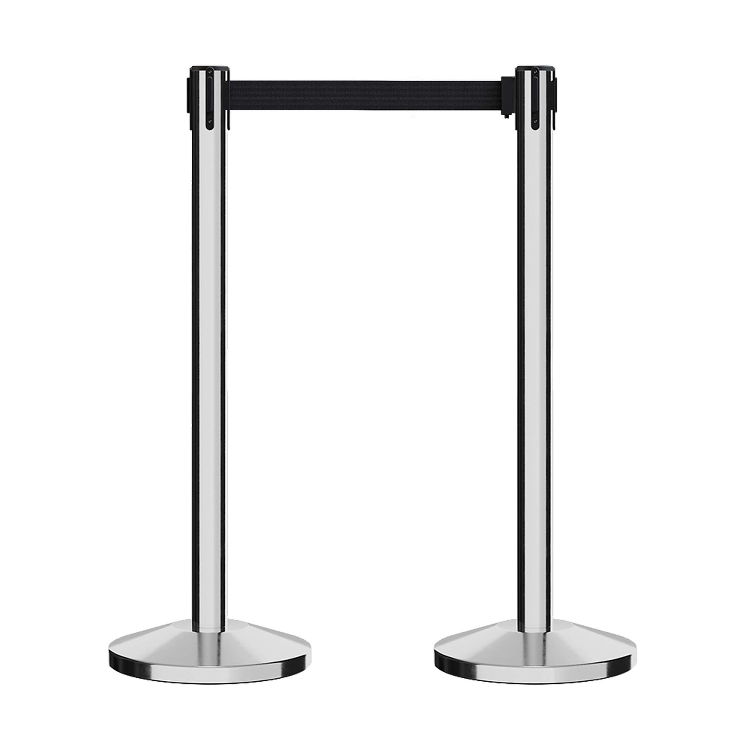 Crowd Control Warehouse Set of 2 Stanchion Retractable Belt Barriers, 11 Foot Black Belt Barrier with 40” Polished Stainless Steel Posts, Barriers with Heavy Duty Concrete Base, CCW Series RBB-100