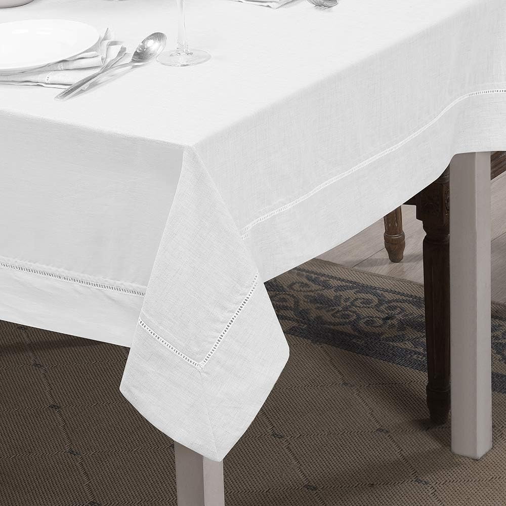 Simple&Opulence Premium 100% Linen Hemstitch Tablecloth-60 x 120 Inch White, Natural Fabric, Rectangular Tablecloth for Indoor and Outdoor Use