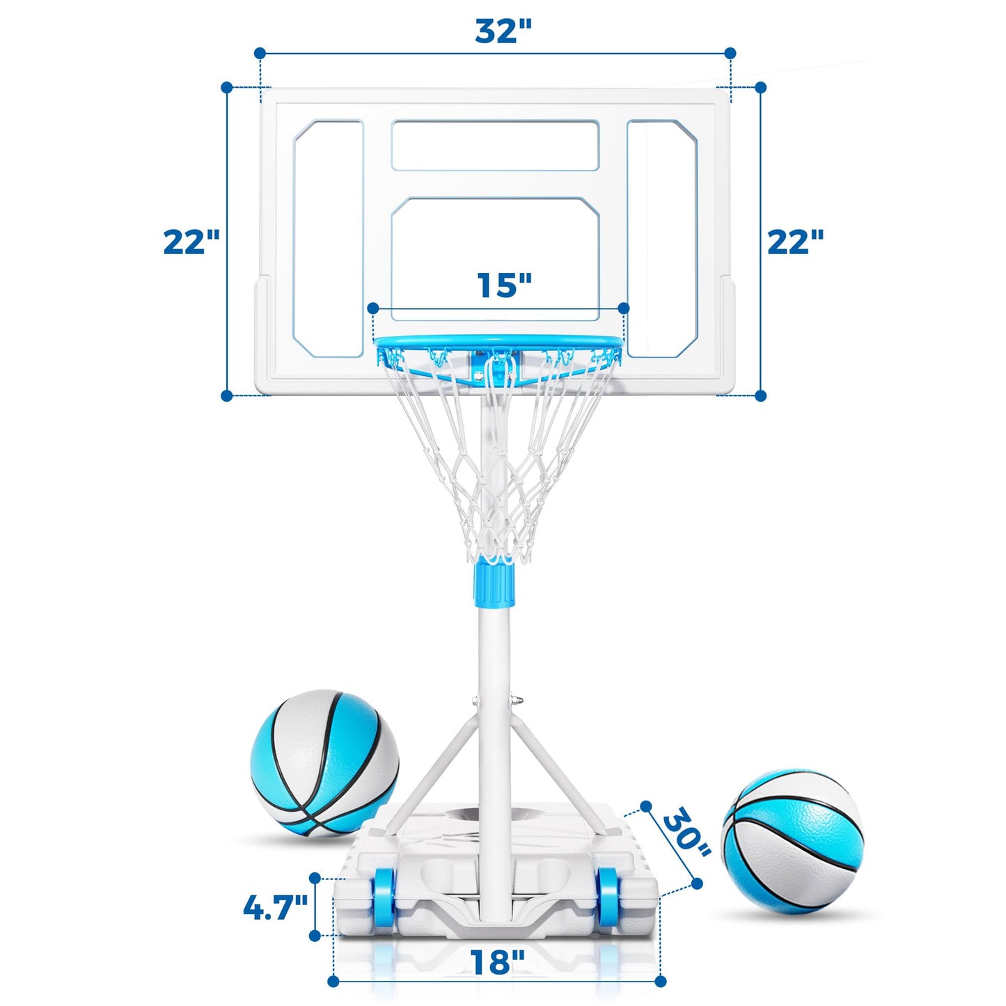 BACKYARD BLITZ Pool Basketball Hoop, 32in Portable Swimming Basketball Hoop for Pool, Stainless Steel Rust-Proof Basketball Goal Set Outdoor/Indoor