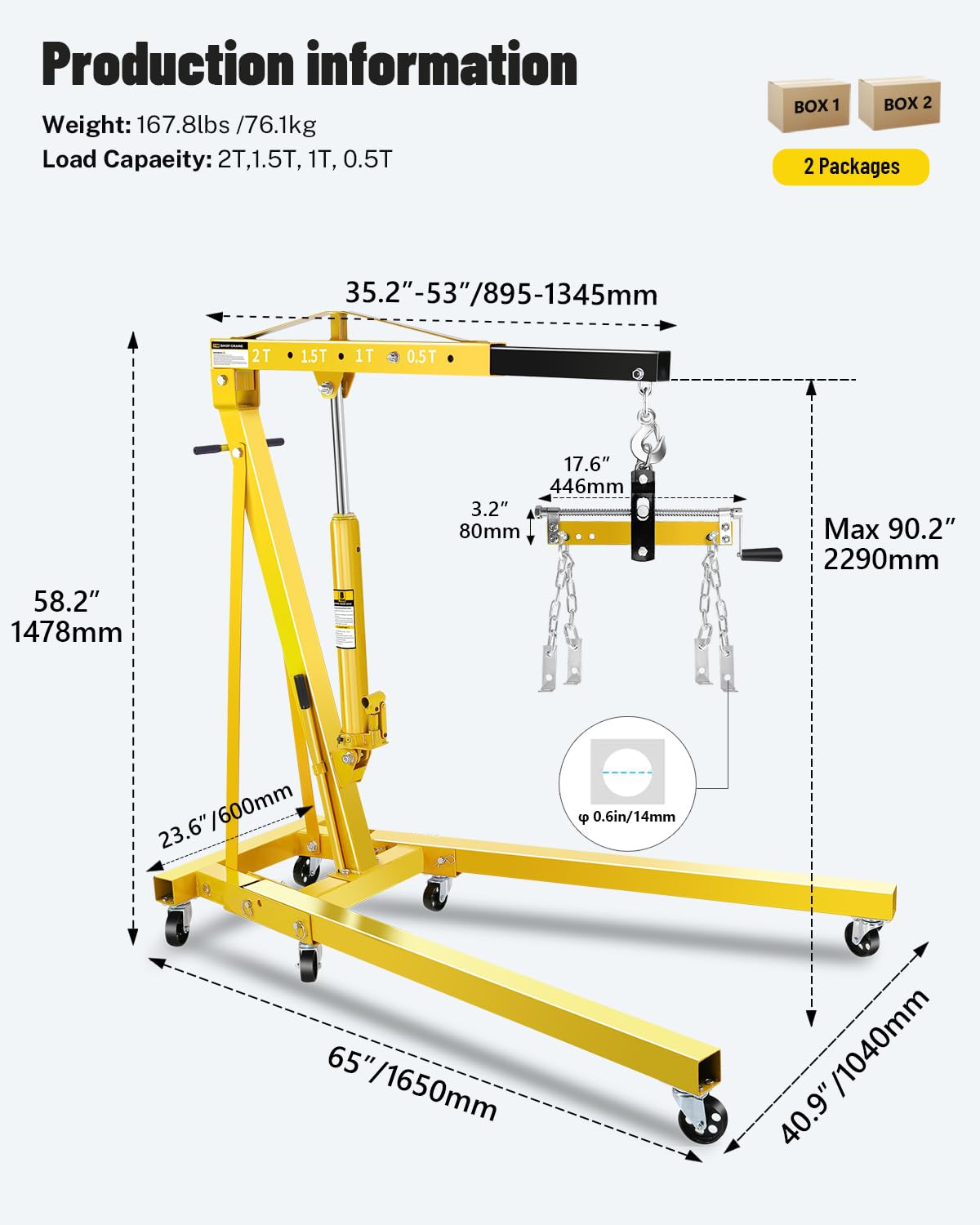 Garvee 2 Ton Engine Hoist Cherry Picker with Lever, 4400 Lbs Capacity with 6 Steel Casters & Foldable Design - Heavy-Duty Portable Hydraulic Crane for Truck Engines, Boat Motors, Farm Equipment