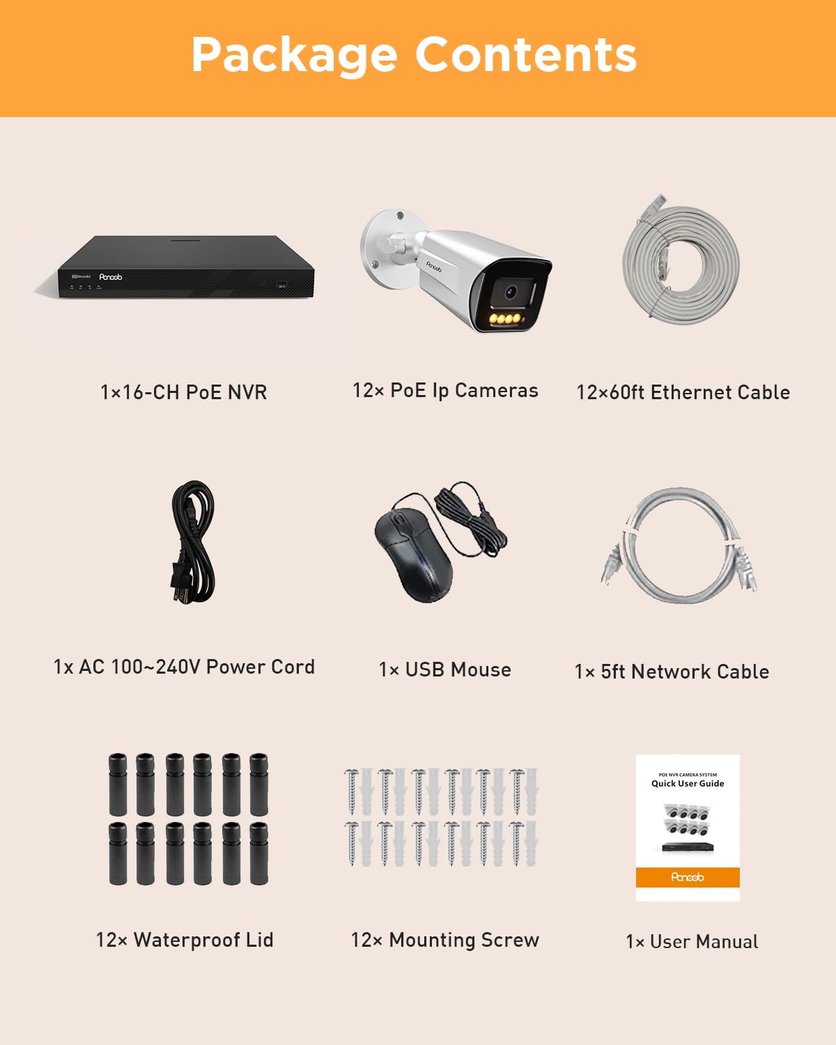 PANOOB 16 Channel Security Camera System 4TB HDD, H.265 12PCS 5MP PoE Commercial IP Bullet Camera, Smart Color Night Vision, 2 Way Audio Talking, AI Human Detection, Remote Access, PB65A1216-5MD