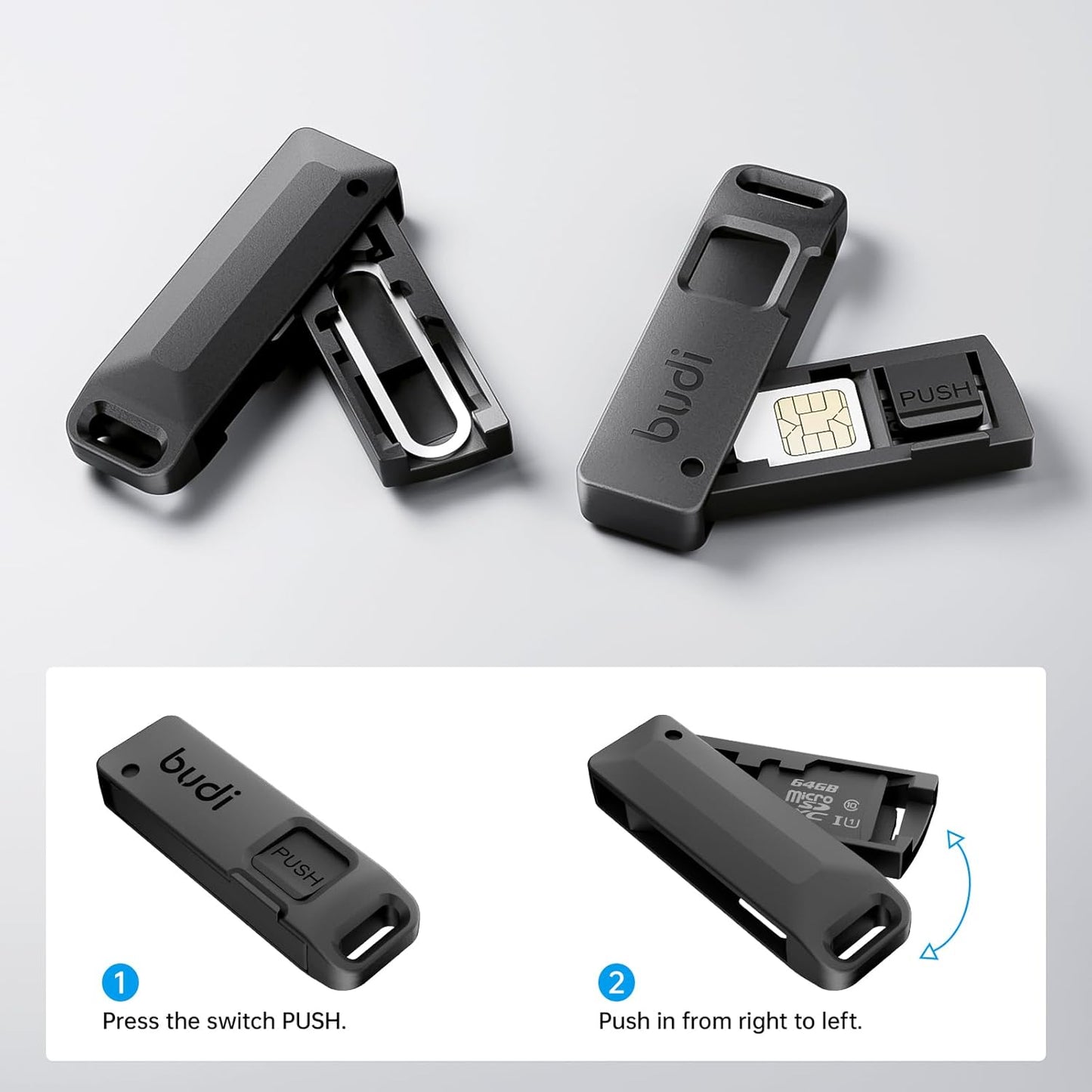 BUDI Sim Card Tray Pin Eject Removal Tool Needle Opener Ejector with SIM/TF Card Storage Small Box