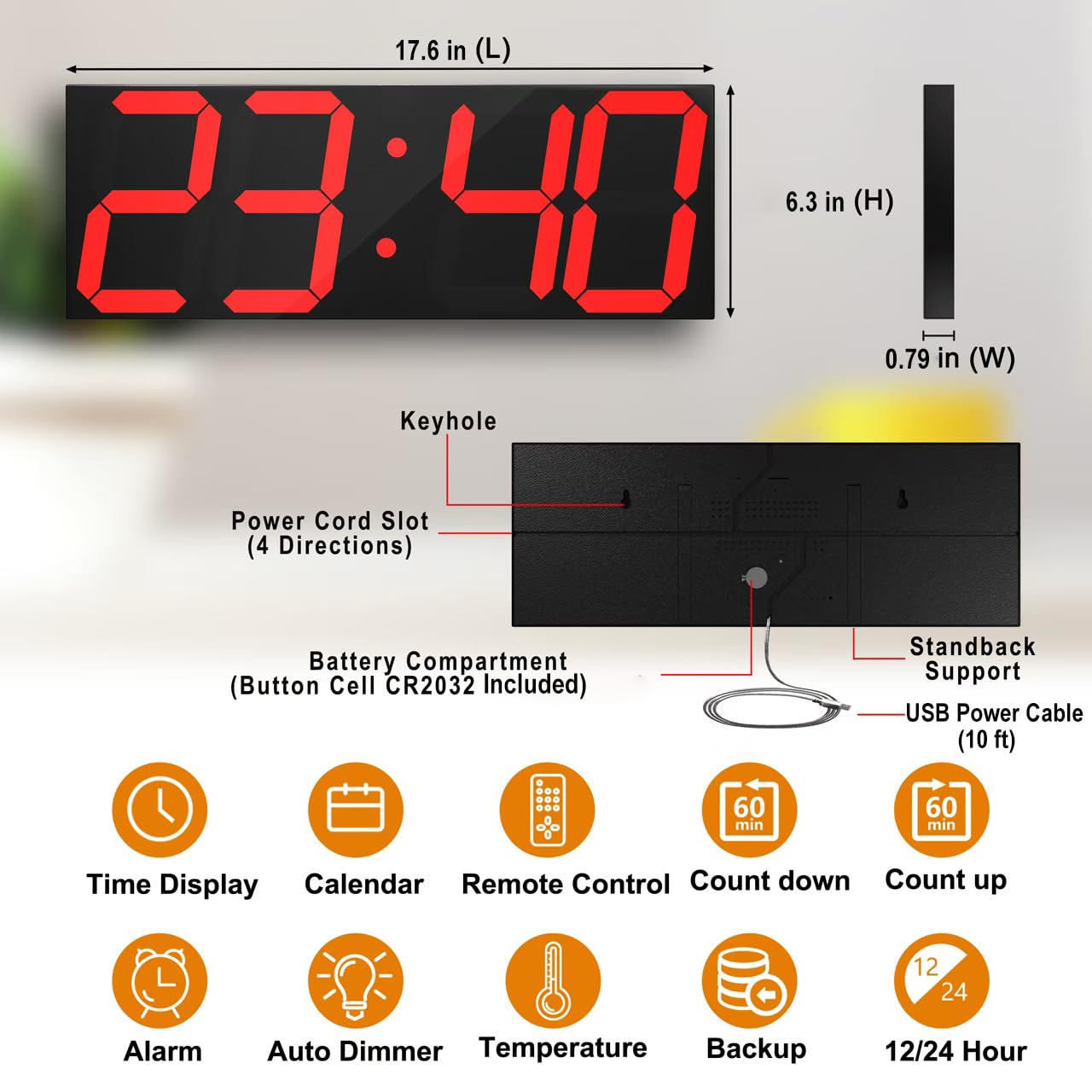 CHKOSDA LED Large Digital Wall Clock, Oversize Wall Clock with 6” Numbers, Remote Control Count up/Countdown Timer Clock, Auto Dimmer, Big Calendar and Thermometer(Red)