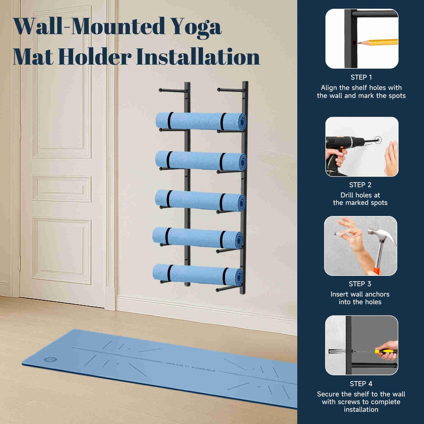 Kelmuis Yoga Mat Holder Wall Mount with 12 Straps, 6 Tier Metal Yoga Mat Storage Rack Home Gym Exercise Workout Equipment Organizer for Foam Roller Resistance Bands