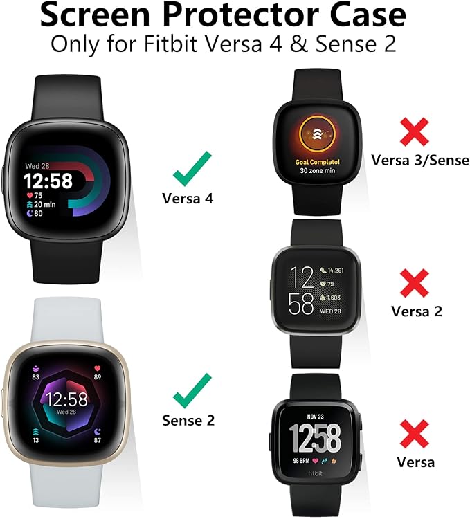 Vancle Case for Fitbit Versa 4 / Fitbit Sense 2, 4-Pack Screen Protector Tempered Glass Full Around Hard PC Case with Sensitive Touch Film Protective for Fitbit Sense 2 / Versa 4(Black + Transparent + Navy Blue + Silver)