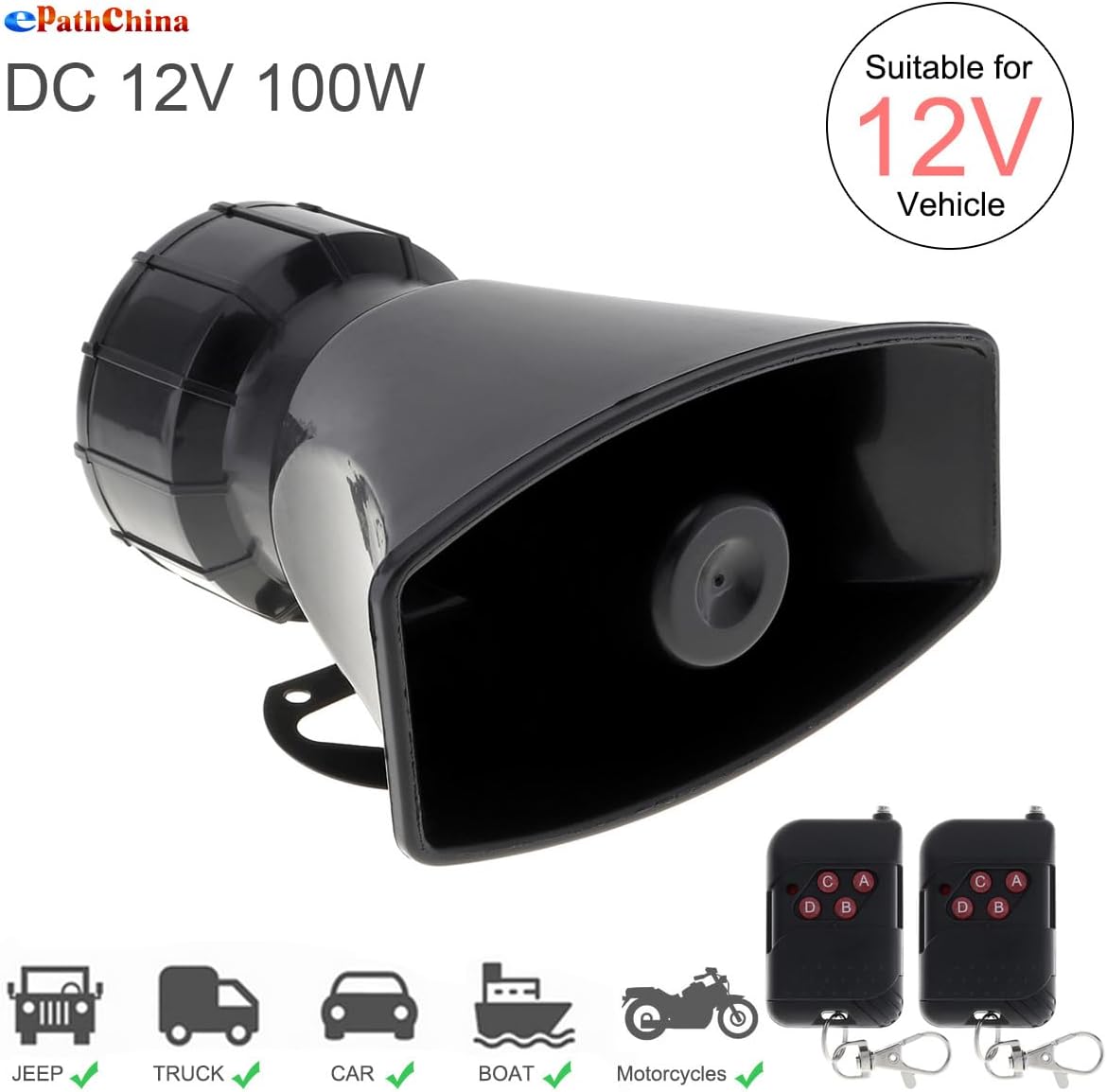 ePathChina 7 12V 100W (2PCS Tone Sound Loud Car Siren Vehicle Horn Hooter/Ambulance/Siren/Traffic Sound with Black