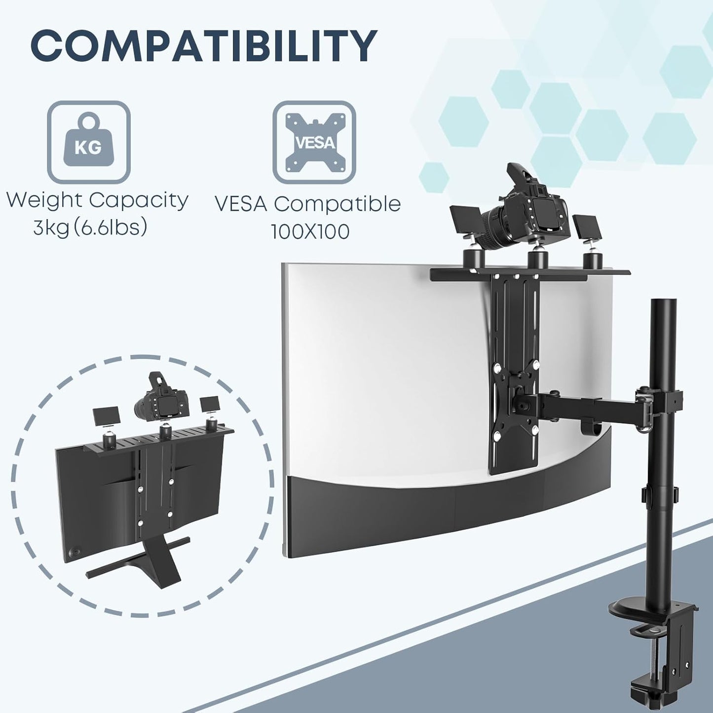 WORLDLIFT 16 inch 100100 mm VESA Monitor Mount Shelf for Streaming - Holds Cameras, Webcams, Microphones & Lights