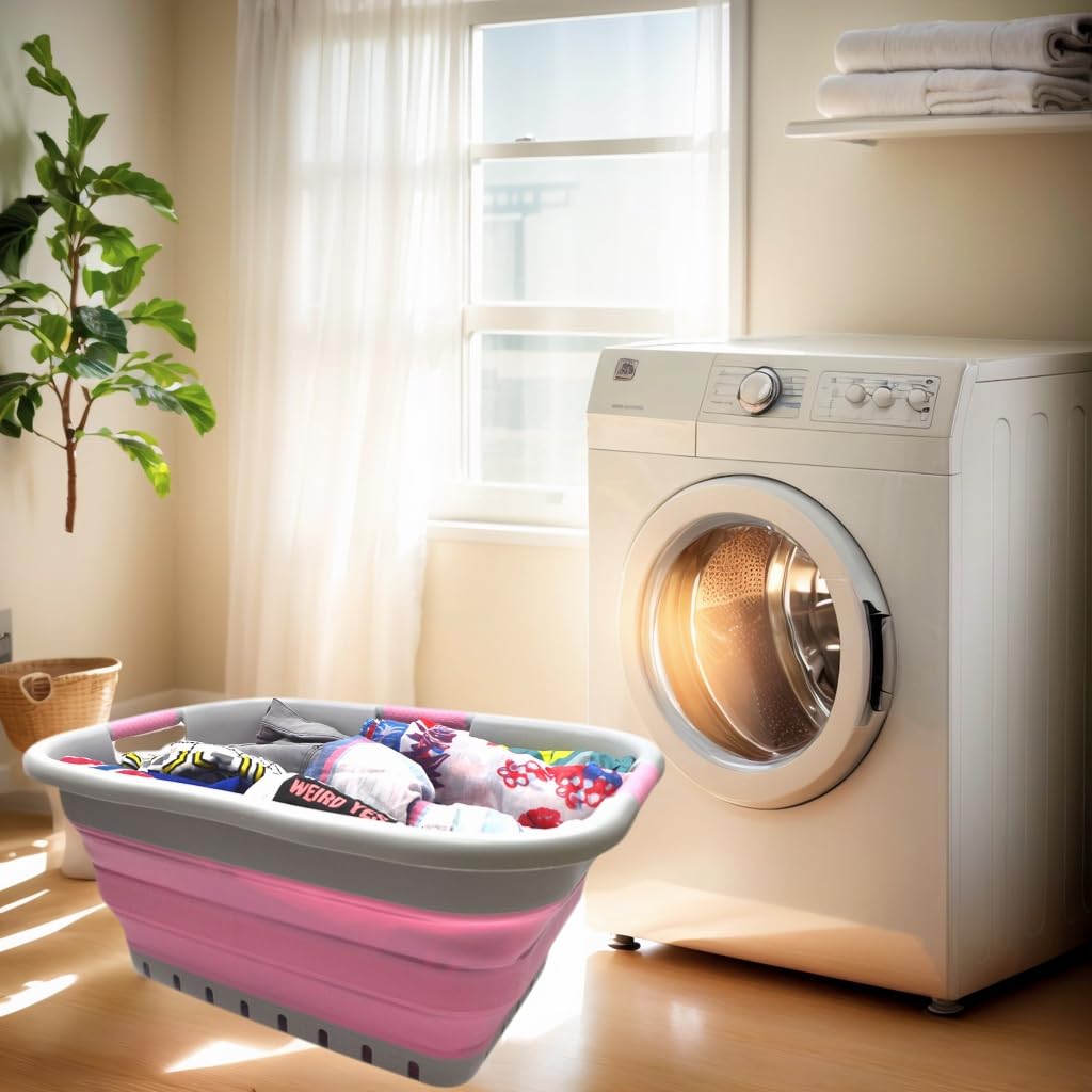 SAMMART 41L (10.8 gallon) Set of 2 Collapsible 3 Handled Plastic Laundry Basket-Foldable Pop Up Storage Container/Organizer-Space Saving Hamper/Basket (2, Grey/Pink)