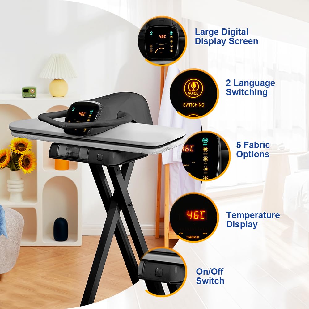 42" Large Steam Iron Press with LED Touch Screen, 1800W Steam Press with 5 Fabric Settings Language Conversion and Voice Prompts, Iron Press with Spray Bottle and Press Pad for Home Business