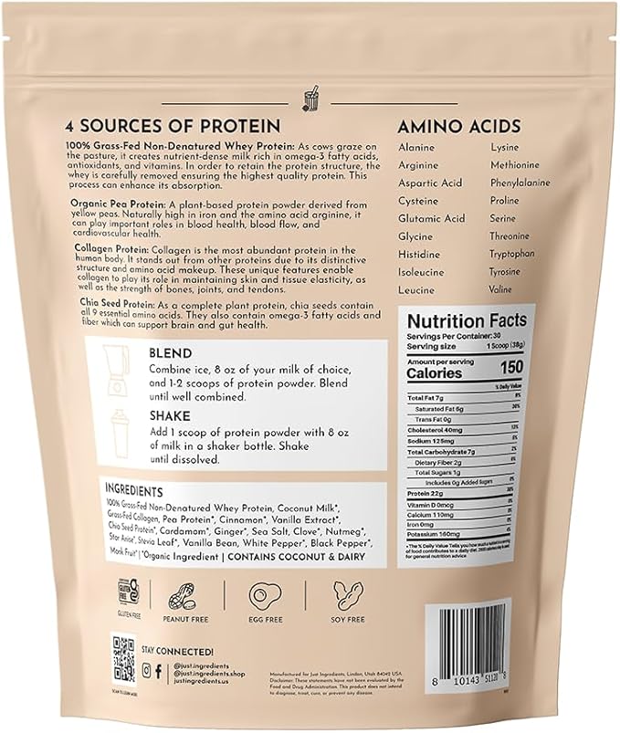 JUST INGREDIENTS Chai Protein Powder ??30-Serving Blend with 100% Grass-Fed Whey & Organic Plant Proteins ??Warm Spice Flavor with Cinnamon, Ginger & Cardamom ??Supports Muscle Recovery, Energy*
