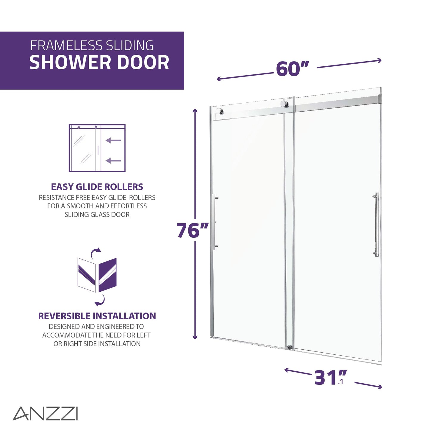 ANZZI 76" x 60" Frameless Shower Door in Polished Chrome, Stella Water Repellent Glass Shower Door with Seal Strip Parts and Handle, Easy Glide Rollers Sliding Shower Door (SD-FRLS05902CH)