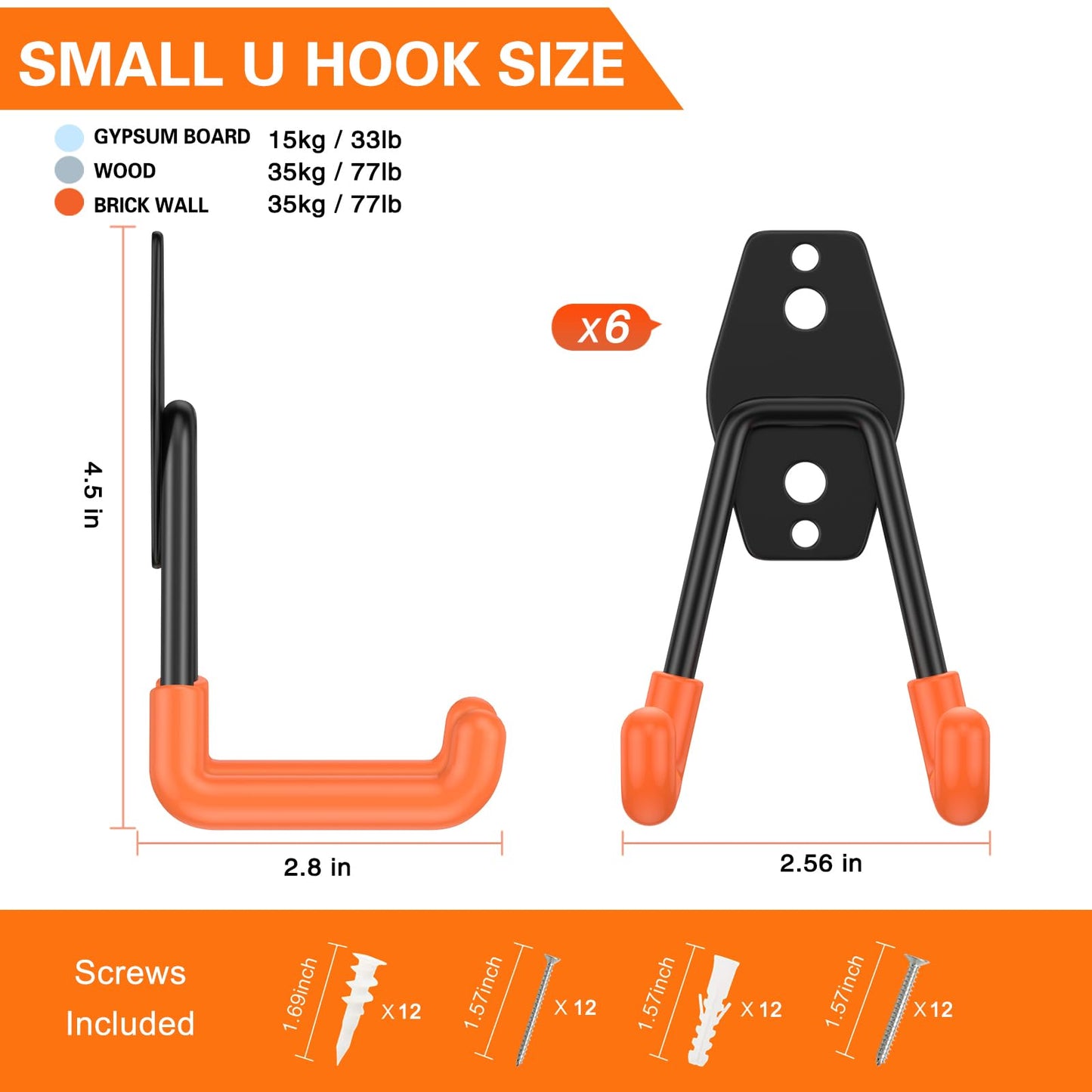 HUPBIPY Heavy Duty Garage Hooks 6 Pack, 2.8 inch Small U Shaped Hanger, Wall Mounted Storage System, Power and Garden Tool Organizer, for Hanging Ladders, Hose, Bulk Items and More