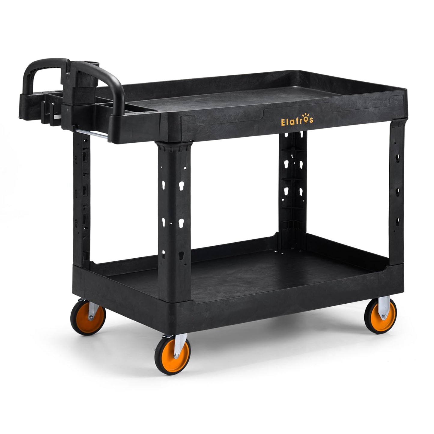 ELAFROS Extra Large Heavy Duty Plastic Utility Work Cart 43.5 x 24.6 Inch – 2 Tier Work Cart with Deep Tub Shelves, Ergonomic Handle, 5 Inch Casters, 550 lbs Capacity, Black