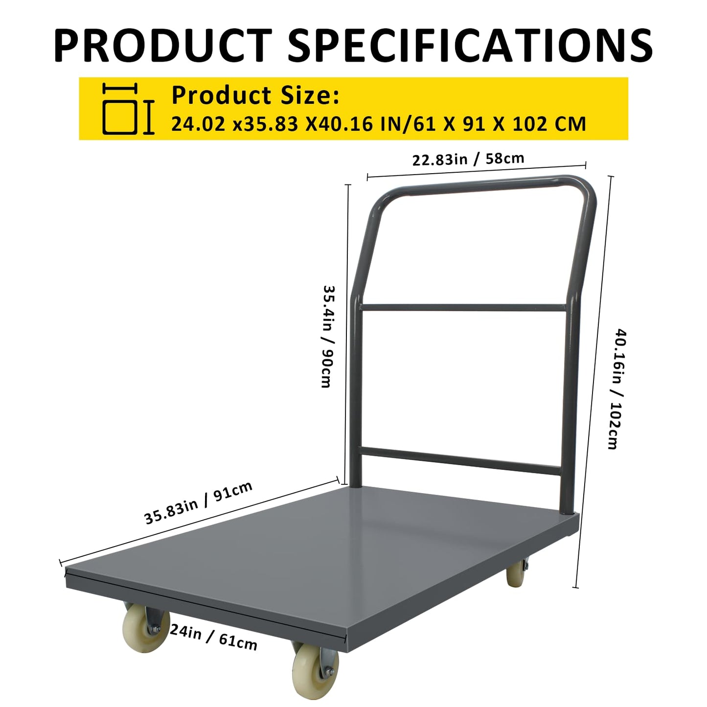 Heavy Duty Platform Truck Moving Flatbed Cart, 24"x36"Push Dolly, 2000 LBS Dolly Cart Flatform with Wheels and Handle, Steel Flatbed Cart for Luggage Moving, Shopping