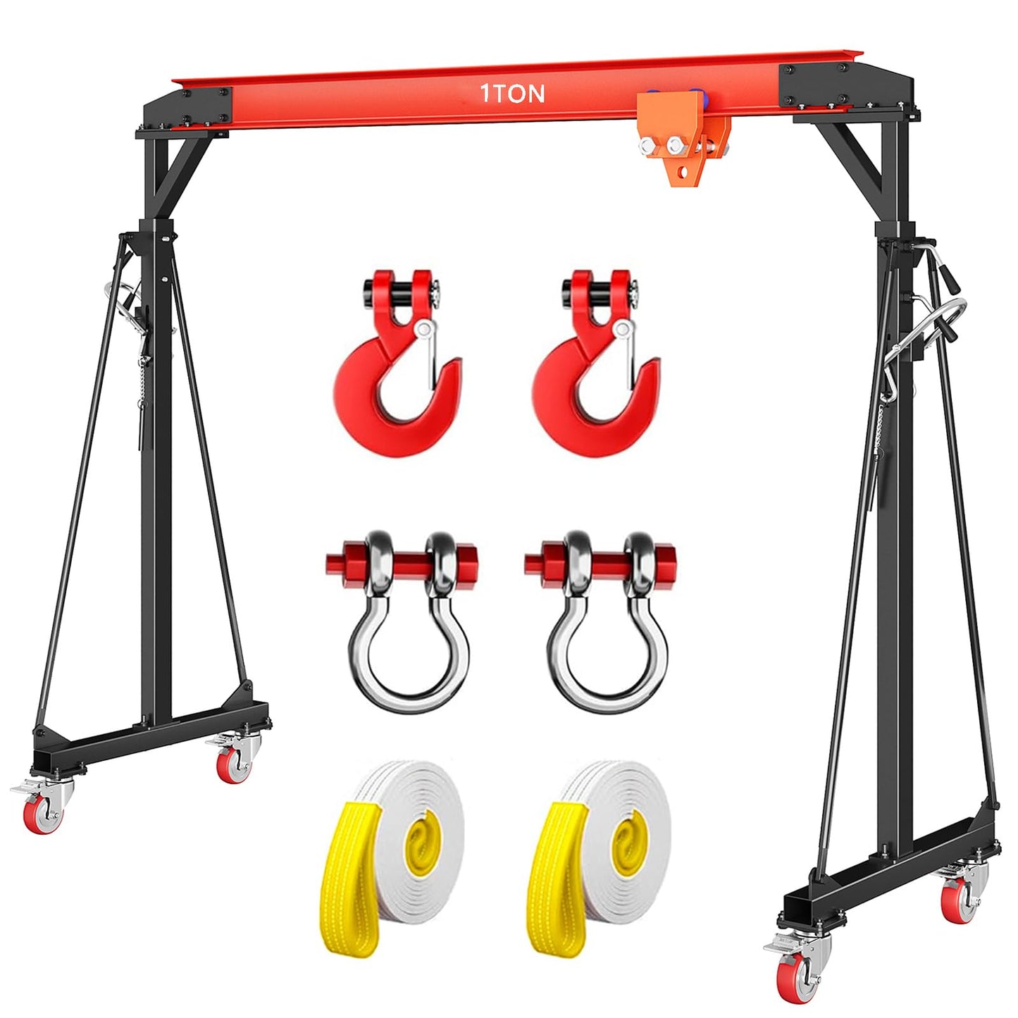 1 Ton Gantry Crane, 2200 LBS Adjustable Gantry Crane with 8-12 ft Height, Shop Lift Hoist with Manual Trolley, Hook & Shackles for Warehouse, Factory