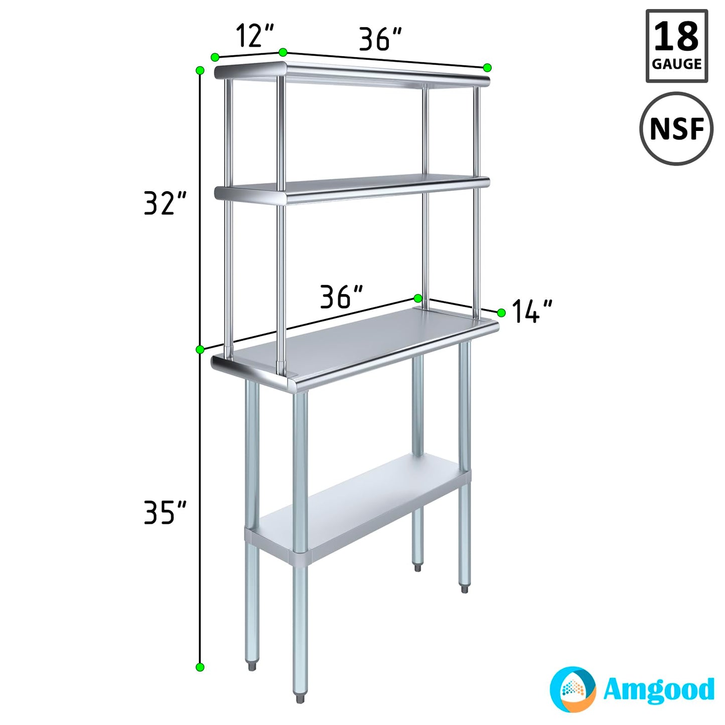 Amgood Stainless Steel Work Table Double Tier Overshelf | Metal Kitchen Prep Table & Shelving Combo | NSF (24" x 48" Work Table + 18" Overshelf)