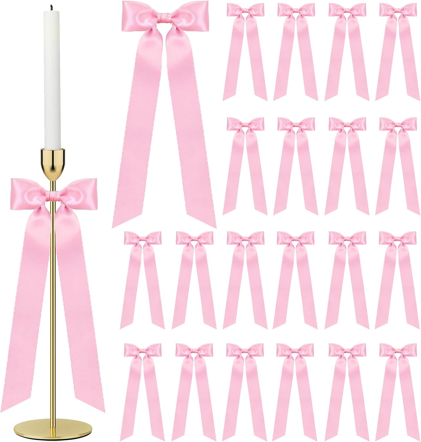 Skiennix 24-Piece Large Pink Candlestick Decoration Bows - Self-Adhesive Gift Wrapping Bows | 13 Inches for Weddings & Parties