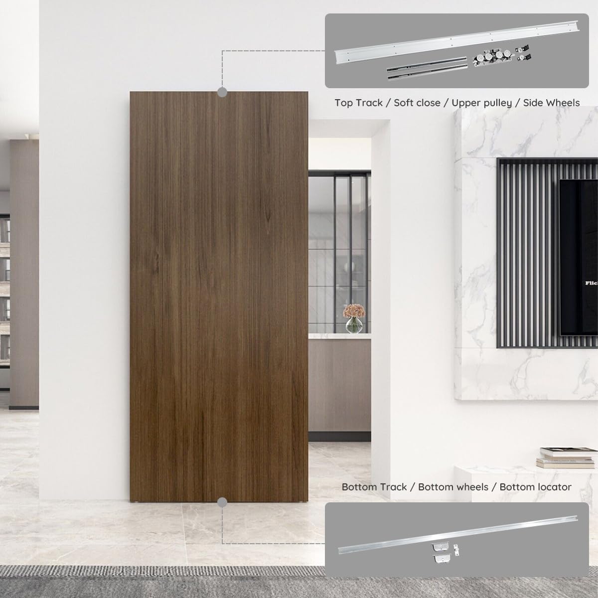 47" Concealed Sliding Barn Door Hardware and Track ，Floating Wall Mount，Soft Closing(Newly Upgraded 4-Wheel Pulley)