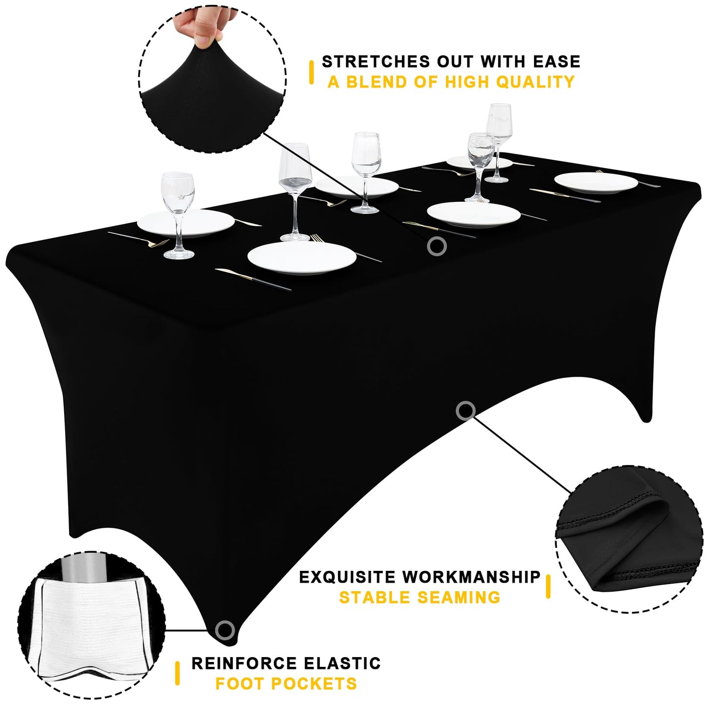 Smiry 6 Pack Spandex Table Cloth 6FT, Elastic Fitted Stretch Tablecloths, Washable and Wrinkle Free Rectangular Patio Talole Cover for Outdoor, Wedding, Banquet & Parties (Black,72Lx30Wx30H Inch)
