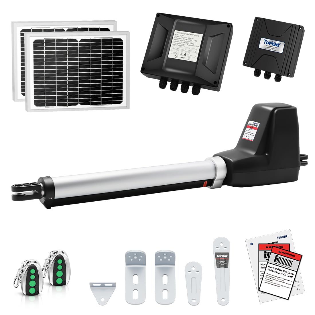 TOPENS AT6131S Solar Single Swing Gate Opener Medium Duty Automatic Gate Motor for Single Swing Gates Up to 18ft, Electric Driveway Gate Operator AC Powered with Solar Panel Remote Control Kit