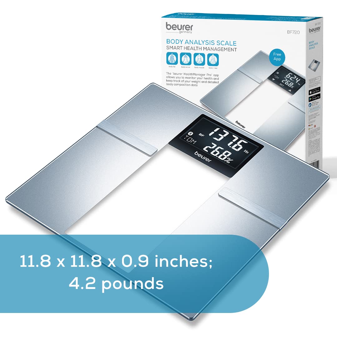 Beurer BF720 Smart Scale for Body Weight, Body Fat, Body Water & More – 400 lb Capacity, Bluetooth App, Calorie Data, User Recognition, XL LCD Display, Glass Digital Bathroom Scale – Grey